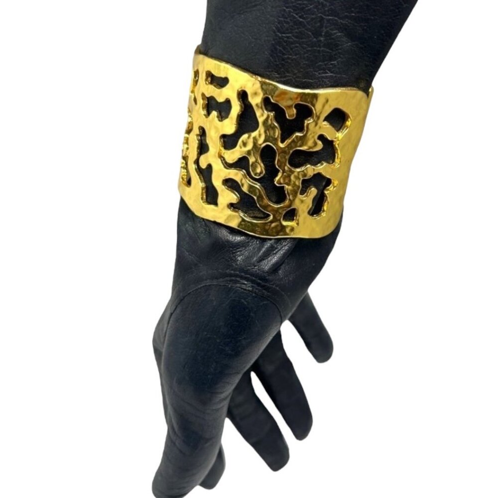 Karine Sultan 24k-GP Hammered Wide Cuff Adjustable Bracelet  w/ Cutout Design - Picture 7 of 9